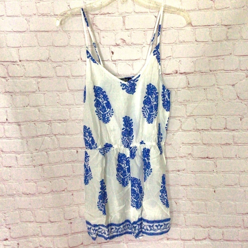SHEIN Blue and White Spaghetti Strap V-Neck Shorts Romper - Size Medium
